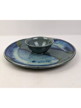 Studio Art Pottery Chip & Dip Serving Plate Hand Thrown Attached Bowl 11” Signed